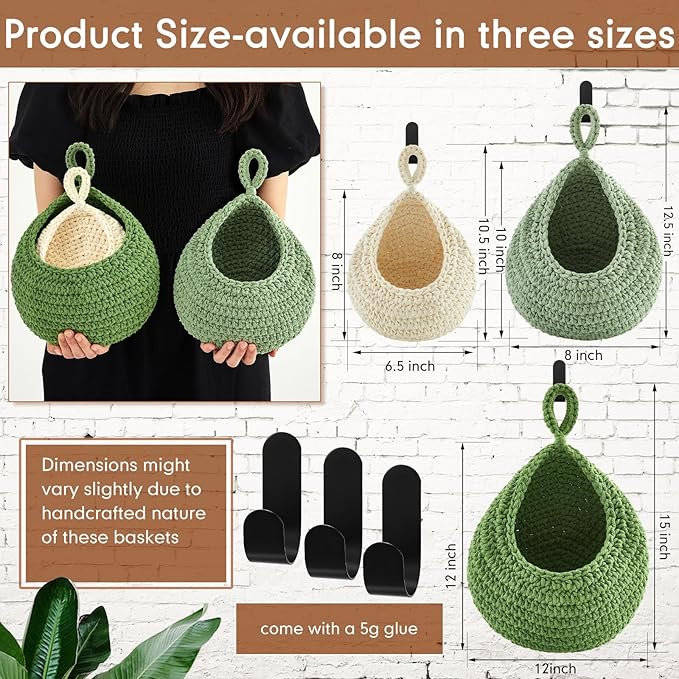 Honeydak 3 Hanging Baskets, Sage Green, Green, White, Teardrop, Cotton Rope | Wicker Wall Baskets with Hooks for Fruit Vegetable Onion Storage, Teardrop Organizer for Kitchen, Boho Farmhouse Decor