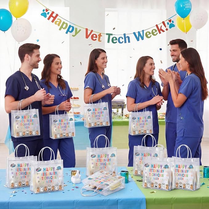 FunooFuno 20 Pcs Vet Tech Gift Bags with Handles Clear Waterproof PVC | Veterinary Technician Appreciation, Reusable Plastic for Staff Coworkers, Transparent Design for Dog Lover Practitioners