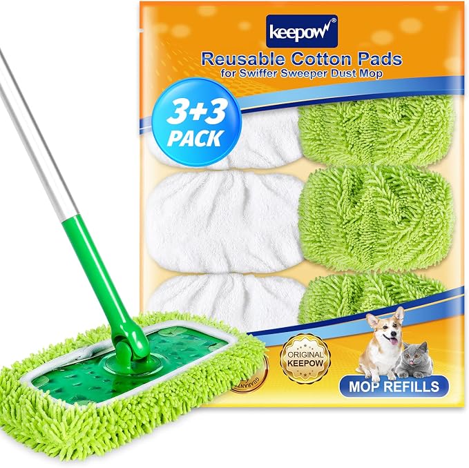 KEEPOW Reusable Microfiber Mop Pads Compatible with Swiffer Sweeper, 6 Pack | Dry Sweeping/Wet Mopping Cloths, Washable Microfiber Mop Pads Refills for Hard-Surface/Hardwood Floor Cleaning