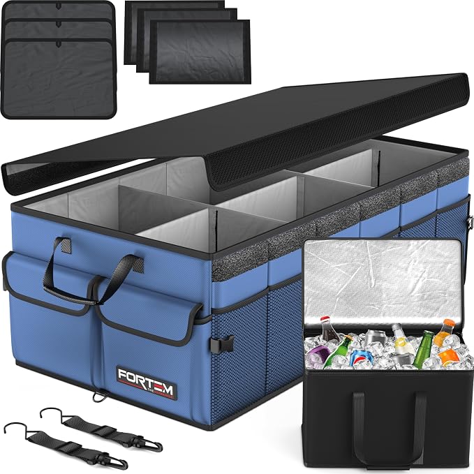 FORTEM Trunk Organizer - Foldable Car Organizer with Cooler for SUV, Trucks | Car Accessories for Men Women, Collapsible Bag, Non Slip Bottom, Straps, Soft Cover, 600D Oxford, Blue, 6 Compartments, 105L
