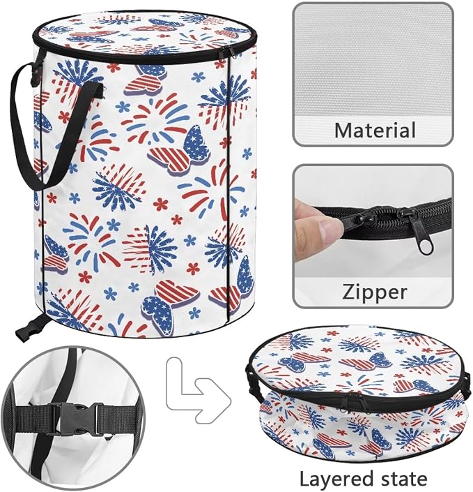 American Flag Butterfly 24 Gallon Collapsible Trash Can Waterproof Outdoor Garbage Can with Lid and Handles for Patio Yard Garden Waste Leaf Reusable Pop-Up Trash Bag