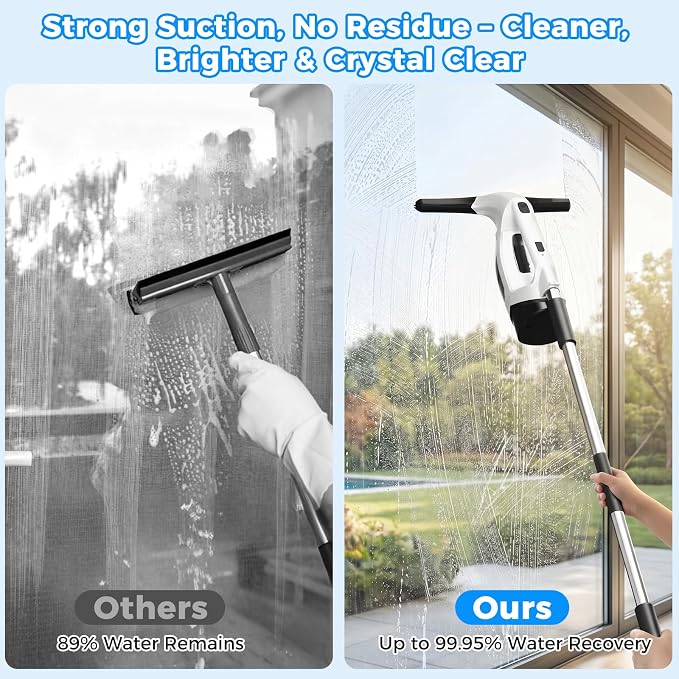 2000Pa Window Vacuum Squeegee with 31-40" Pole, 2200mAh & 150ml Tank | Electric Window Cleaning Tool for Windows, Shower Doors, Mirrors, and Tiles