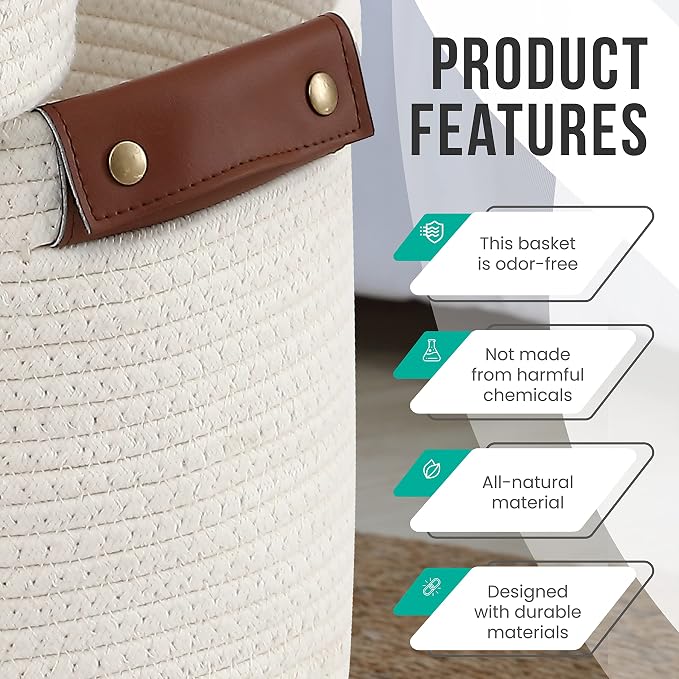 3 Pack Woven Cotton Rope Storage Basket, 15x10x9, Cream | Faux Leather Handles; Decorative Closet Shelf Organizer; Ideal for Storage & Organization