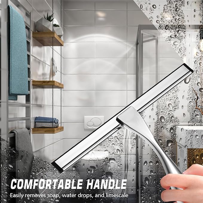 All-Purpose Shower Squeegee for Shower Doors, Bathroom, Window and Car Glass, Cleaning Tile Wall - Stainless Steel with 2 Adhesive Hooks, 10 Inches