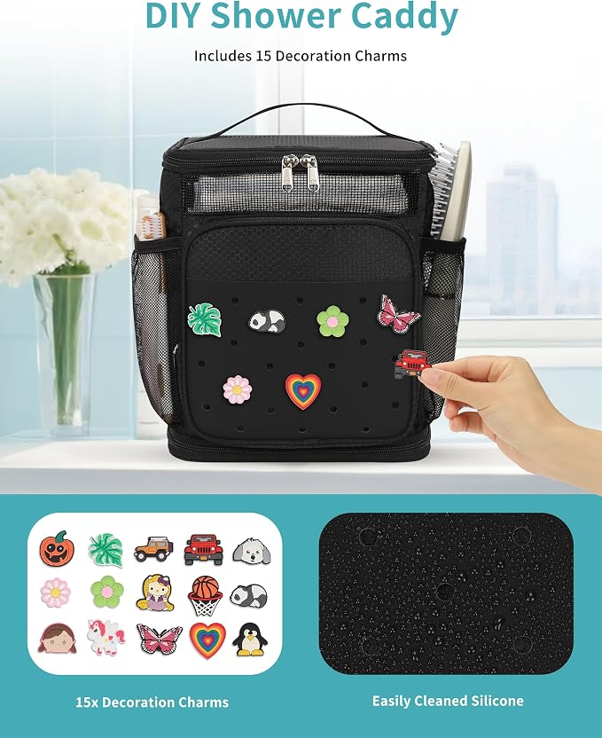 Shower Caddy Portable, Hanging Shower Caddy for College Dorm Room Essentials, Mesh Shower Bag with DIY Decoration Charms, Large Capacity Toiletry Bag for Gym, Swiming, Camping, Bathroom, Beach, Travel