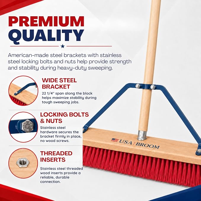 4-Pack - 24" Soft Sweep Indoor Push Broom with 60" Handle. Ideal for Epoxy & Polished Floors. Durable American Made Steel Brackets-Stainless Steel Hardware. No Plastic. 100% USA Made