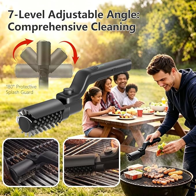 Electric Grill Brush, Spin Cordless Electric Barbecue Brush Grill -Black | 2026 USB Grill Electric Brush with Bristle & Scouring Roller Heads, 150Mins Runtime, 3 Speeds, IPX7 for Grates, Stovetop