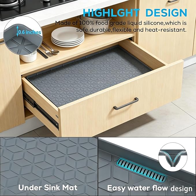 Under Sink Mats 14"x22" for Kitchen, Silicone Waterproof Liner, Sink Silicone Tray with Drain Hole, Storage and Organizers, Cabinet and Counter Protector,Litter Mat, Pet Cat Puppy Essentials