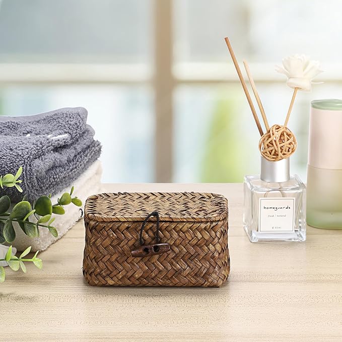Hipiwe Mini Seagrass Basket Box with Lid Wicker Storage Bins, 4.3x 2.5x2.1" | Small Handwoven Baskets Organizer, Multipurpose Desktop Baskets for Home Decor