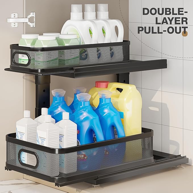 2 Pack Under Sink Organizer With Next-Gen Ball-Bearing Slides,2-Tier Precision Mesh Pull Out Cabinet Shelf Storage for Bathroom&Kitchen,Slide Out Drawers Height Adjustable,Rust-resistant