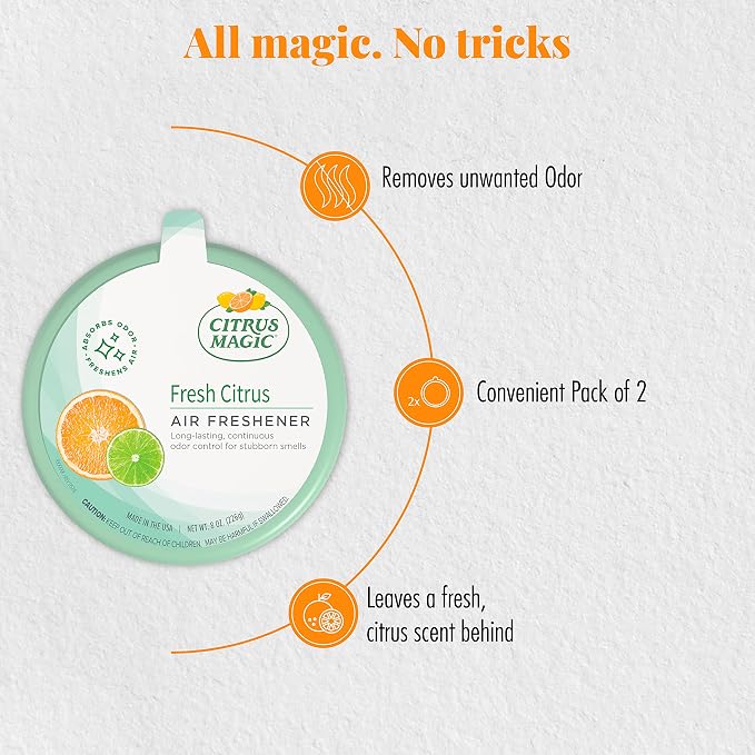 Citrus Magic Solid Air Fresheners, Fresh Citrus, 8 Ounce, Pack of 2 | Odor Absorbing, Passive Diffusion, Odor Elimination Up to 4 Weeks Each, Ideal for Home