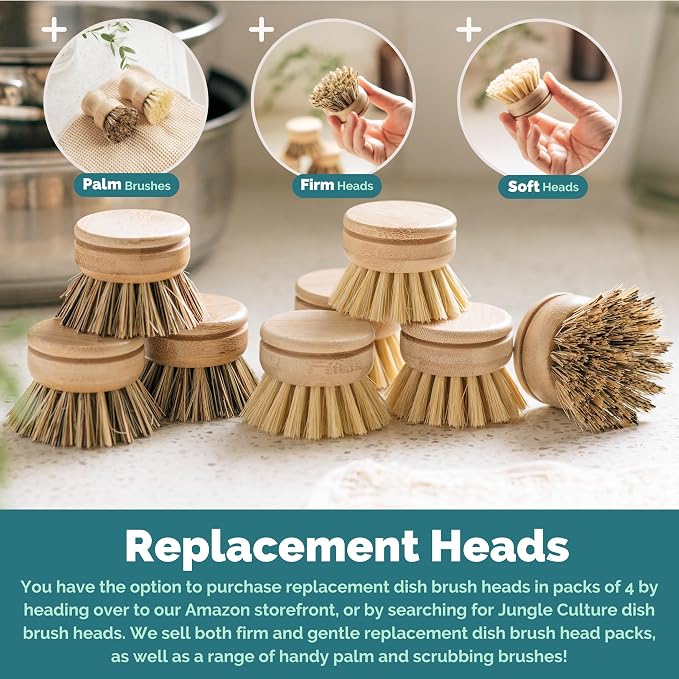 JUNGLE CULTURE Bamboo Dish Brush • 3 Swap Heads & Loofah Sponge • 4 Piece | Non Toxic Plastic Free Kitchen Brushes for Pots, Pans, Cast Iron, Jars & Vegetables • Natural Fiber Bristles
