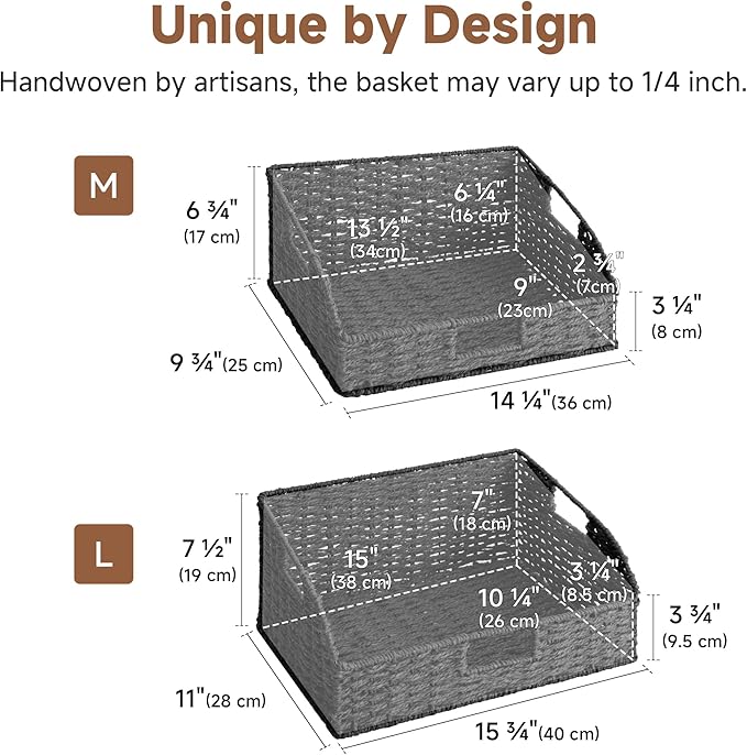 StorageWorks Pantry Baskets, Black Wicker Baskets with Handles, 2-Pack | Paper Rope Black Baskets for Organizing, Black Woven Baskets, Pantry Baskets for Shelves, Wicker Storage Baskets for Shelves