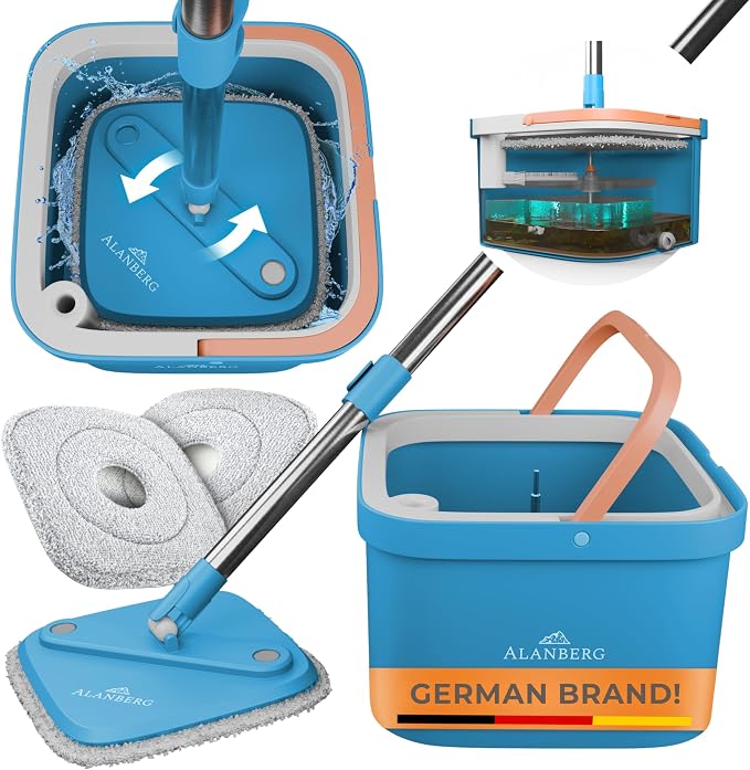 Mop and Bucket Set, Mops for Floor Cleaning, Spin Mop, Blue | Spin Mop With Wringer, Dual Chamber Bucket, Flat Microfiber Mop, 2 Washable Heads, 63 Inch Handle