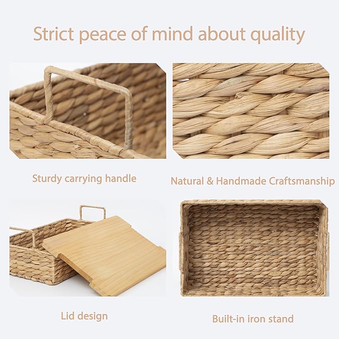 Handmade Water Hyacinth Wicker Baskets with Wooden Lid (Small) | Rectangle Natural Woven Decorative Household Storage Organizer for Picnics,Countertops,Bathrooms,Kitchens,Pantries,Shelves