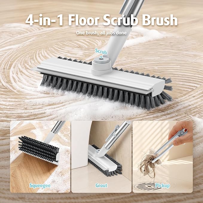 AIR U+ Floor Scrub Brush with Long Handle, 4 in 1 Floor Scrubber & Squeegee | Small Scrubber with Stiff Dual-Sided Bristles and Rotating Head for Shower, Bathroom, Bathtub, Kitchen and Patio, White