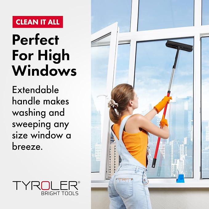 Tyroler Window Washing Kit with Extension Pole 4.5 to 7.5 Ft Handle | Telescopic Window Squeegee Tool With Natural Rubber Blade For Better Reach And Streak-Free Window Cleaning