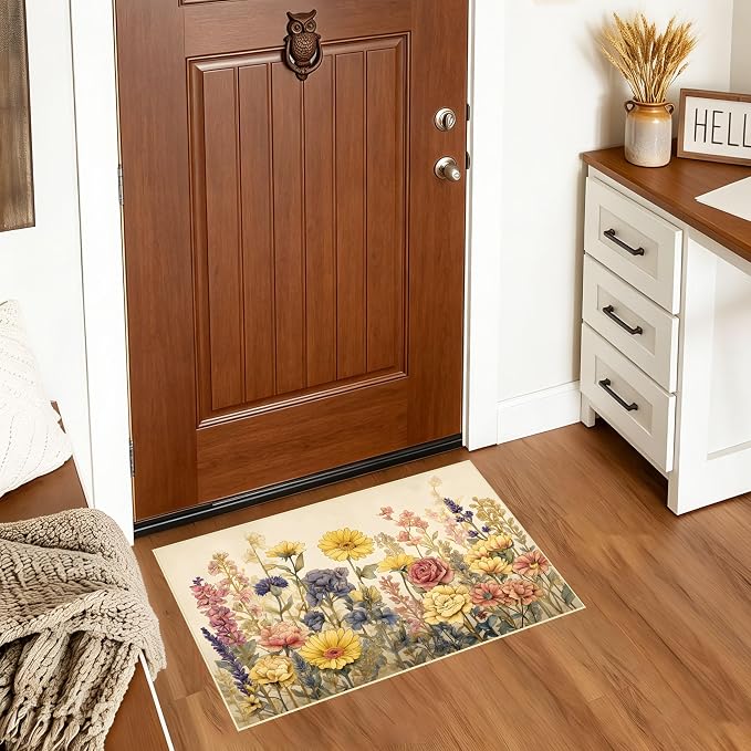 Vintage Floral Faux Cashmere Area Rug 15.7 x 23.6 Inch, Non-Slip Mat (Light Yellow)