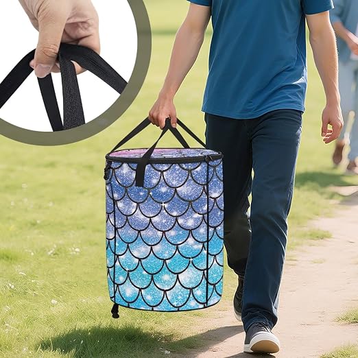 BIGCARJOB Blue Scale Foldable Trash Can Outside Waste Basket Bin Water Resistant Garbage Bag 22.83x17.71 Recycling Bin Trash Can with Lid and Clip(23 Gallons)