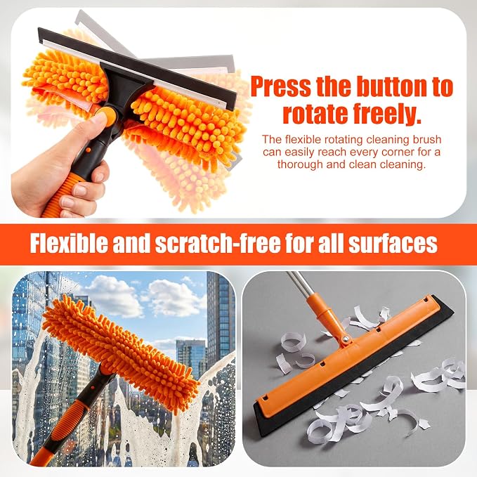 36 Feet High Reach Duster Kit with 2-30 ft Extension Pole High Ceiling Dusting and Window Cleaning Kit with Window Washer & Squeegee, Cobweb Duster, Washable Head for Ceiling Fan
