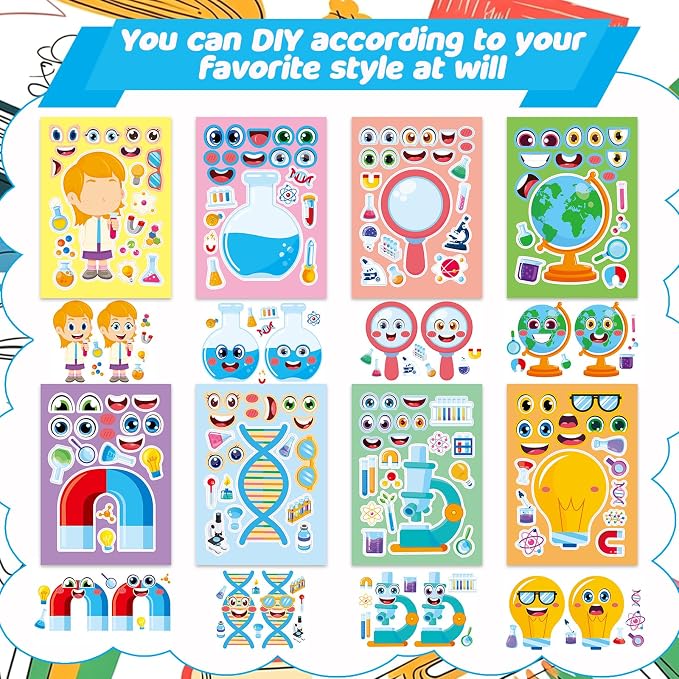 24 Sheets Science Make a Face Stickers, Make Your Own Science Stickers Mix and Match Sticker for Home School Classroom Crafts Activities Reward Birthday Party Favors