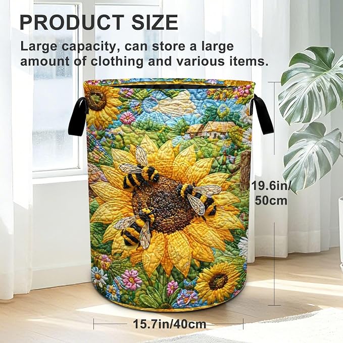 Bee Sunflowers Laundry Basket Foldable Oxford Laundry Hamper With Handle For Room Bathroom Bedroom