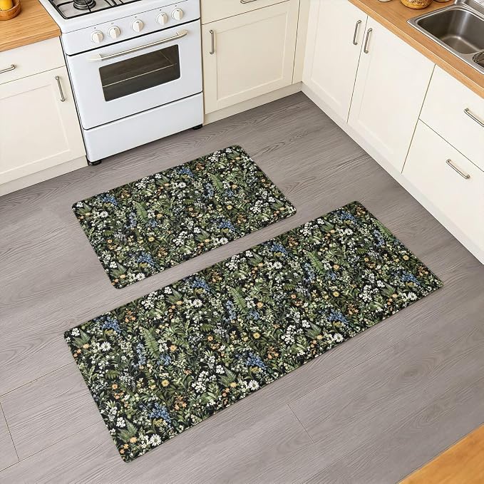 Feelyou Black Green Botanical Kitchen Rugs Sets 2PCS Blossom Flowers Kitchen Mats for Floor Natural Country Cushioned Anti Fatigue Waterproof Non-Slip Rugs for Office Laundry Room Decor Accessories