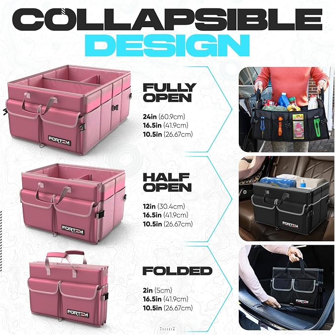 FORTEM Trunk Organizer - Foldable Car Organizer & Storage for SUVs & Trucks | Car Accessories for Men Women, Collapsible Bag, Non Slip Bottom, Straps, Soft Cover, 600D Oxford, Pink, 3 Compartments, 65L