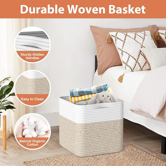 Storage Cotton Cubes 11 Inch, Woven Cotton Rope Storage Baskets for Toys Blanket Organizing, Storage Bins Decorative Organizer with Handles for Living Room Laundry Room Closet (3 Pack, Oatmeal Brown)