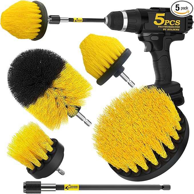 Holikme 5Pack Drill Brush Set with Extension for Car & Bath Detailing | 4 nylon scrub brushes,yellow,Power scrubber kit for Bathroom Surfaces, Grout, Floors, bathtubs, Tiles, Kitchen and Car