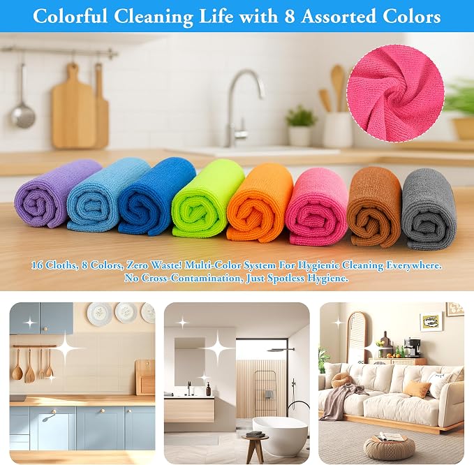 lucdnc Microfiber Cleaning Cloths 16 Pack 8 Colors 11.5"x11.5" | Soft Lint-Free Cleaning Rags for Home, Kitchen, Bathroom, Car, Wet & Dry Use