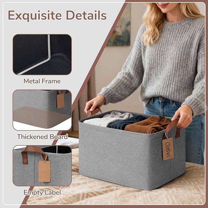 CHICVITA 4 Pack Large Fabric Storage Baskets for Shelves, 30L Gray | 16.8" × 11" × 9.8" Closet Storage Bins for Clothes, Toys & Towels, Fits Nursery & Bathroom Organization, Metal Frame