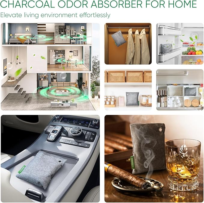 Activated Charcoal Odor Absorber,Large 4x200g w Hooks Nature Odor Eliminator for Strong Odor,Bamboo Charcoal Air Purifying Bags,Moisture Absorbers for Fresh Home Car Closet Pet,Smoke Smell Deodorizer | Bamboo Charcoal Air Purifying Bags,Moisture Absorb...