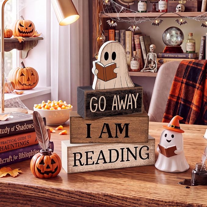 Moucuny 4 Pcs Halloween Table Decor Wooden Ghost Reading Stacked Block Sign | Rustic Farmhouse Centerpiece, Stacked Wood Signs With Ghost Reading Book, Tiered Trays And Shelves For Home Office Library