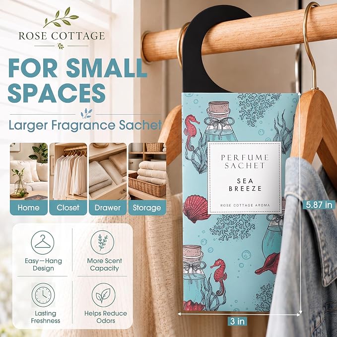 Large 12 Packs Sea Breeze Hanging Scented Sachets Long-Lasting Closet Deodorizer Air Freshener Fabric Refresher Odor Eliminator for Drawer Home Fragrance Gift Set