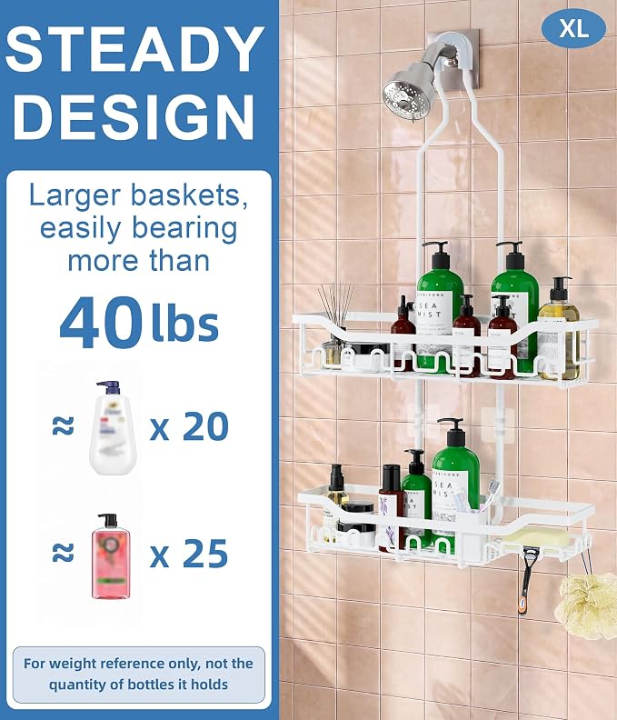 Shower Caddy Hanging Organizer, Extra Large Rack Over Showerhead with Hooks, Adjustable Height Shower Caddy for Big Shampoo Bottle, White