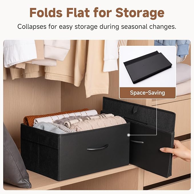 StorageWorks Black Storage Bins, Leather Storage Baskets, Large, 4-Pack | Reinforced Handles, Faux Leather Front, Non-woven Fabric, Collapsible, Space-Saving, Closet Organizers and Storage Bins