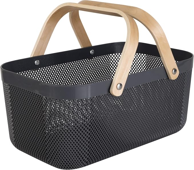 Simplify Large Mesh Plastic Storage Basket with Wooden Handle CHARCOAL Color | Garden Harvest Organizer | Kitchen Pantry Storage Bin