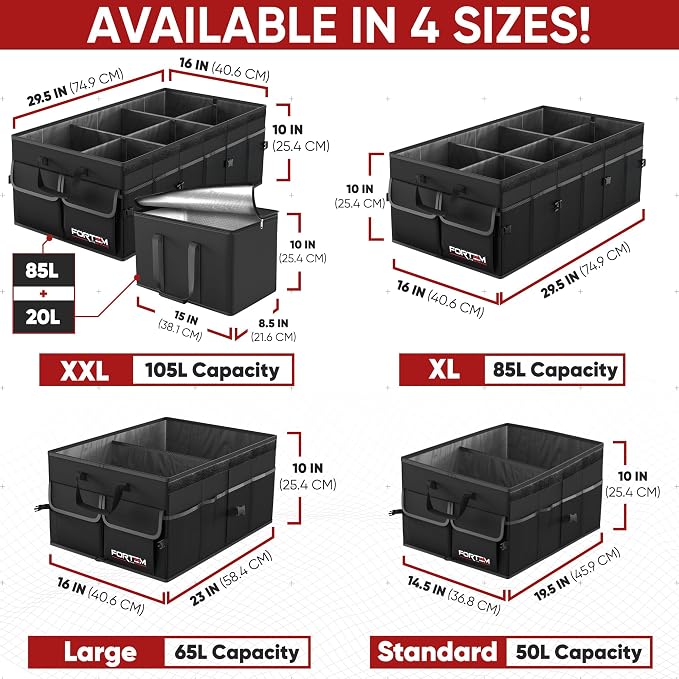 FORTEM Trunk Organizer - Foldable Car Organizer with Cooler for SUV, Trucks | Car Accessories for Men Women, Collapsible Bag, Non Slip Bottom, Straps, Soft Cover, 600D Oxford, 6 Compartments, 105L