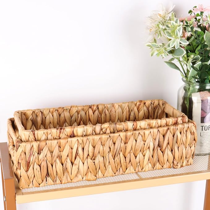 Moosky Wicker Storage Baskets with Handle Water Hyacinth Basket for Organizing Decorative Storage Bins for Countertop Toilet Tank Boho Rectangular Home Organizer (Natural, Set of 2)