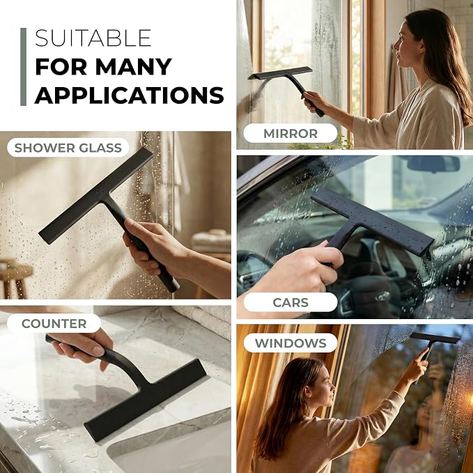 Silicone Shower Squeegee with 3-in-1 No-Drill Mount, Black, 11'' | Squeegee for Glass Doors & Mirrors with Stainless Steel Core, Streak-Free & No-Squeak Window Cleaning, Hook/Suction/Adhesive