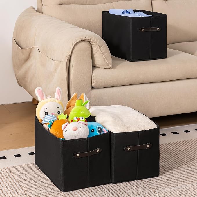 3 Pack Large Collapsible Storage Baskets for Shelves,14.9"x9.5" Fabric Closet storage Boxes with Leather Handles,Decorative Organizers Storage Bins for Clothes,Sheets,Toys,Books,(Black)
