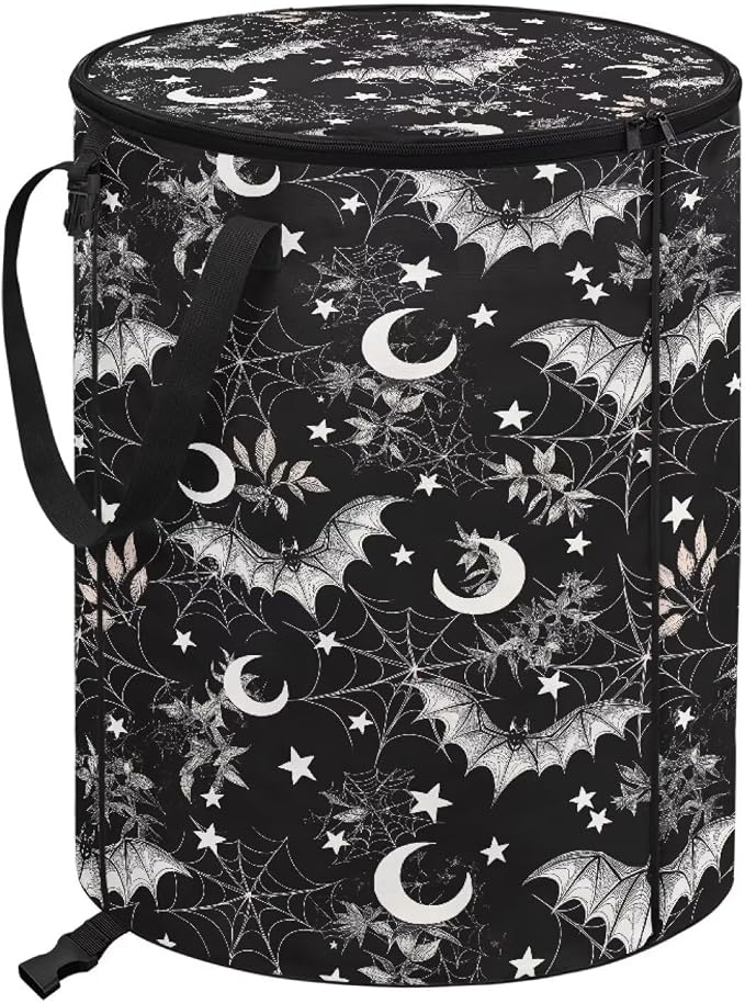 Halloween Bat 24 Gal Collapsible Trash Can w/Lid Waterproof Foldable Garbage Bin for Camping, Backyard & Hiking | Heavy Duty Pop-Up Design Car Camping Gear Holiday Gifts