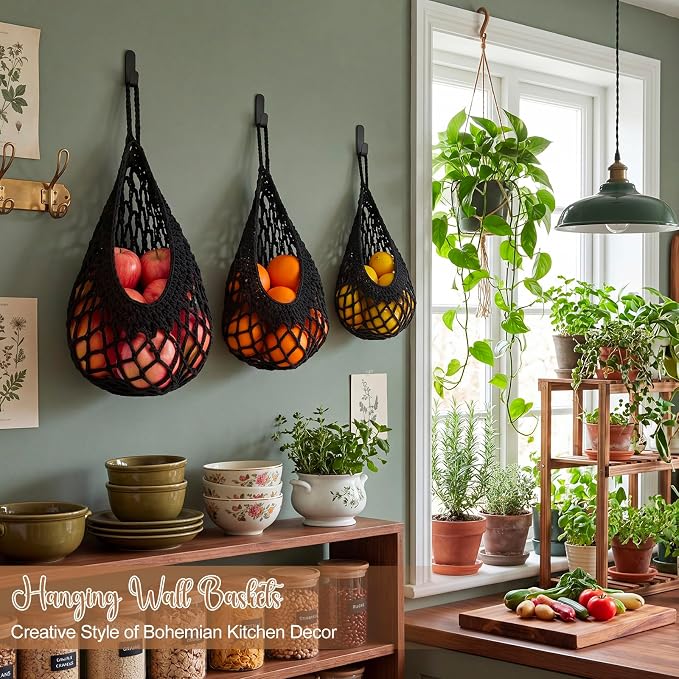 3 Hanging Baskets,Black,Crochet,Cotton Rope | Wicker Wall Baskets with Hooks for Fruit Vegetable Onion Storage, Teardrop Organizer for Kitchen, Boho Farmhouse Decor