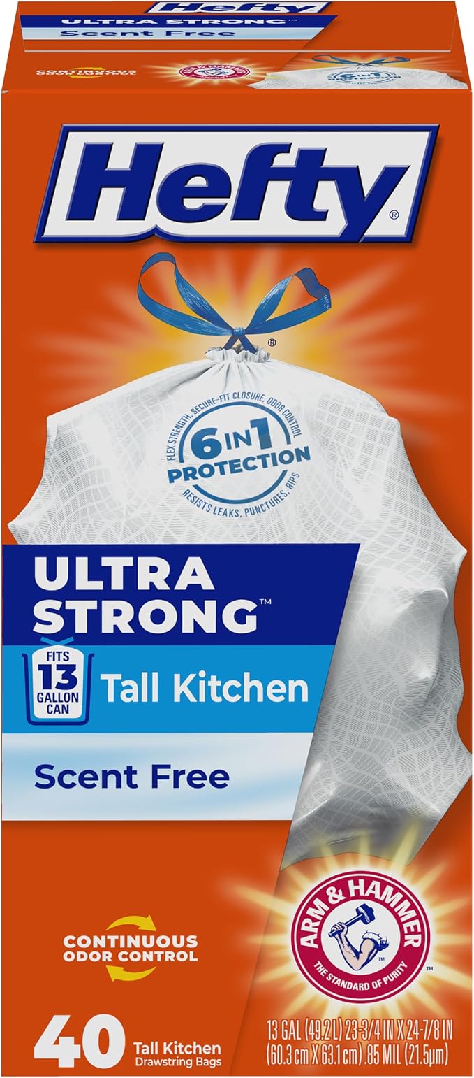 Hefty Ultra Strong 13 Gal Kitchen Trash Bags, White, Unscented, 40ct | 13G Tall White Trash Bags with Drawstrings for Kitchen and Home Use, Resists Leaks, Punctures, Rips, Continuous Odor Control