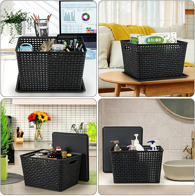 6 Pack Large Plastic Storage Baskets Bins with Lid, Black | Stackable Storage Basket Organizer Bins with Lids for Organizing Shelves Pantry Closet, 14"x 11.65"x 8.66"