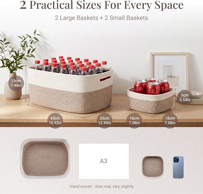 4 Pack Storage Baskets for Shelves, 17"x13"x7.5" & 7"x7"x3.5" | Cotton Rope Woven Baskets for Organizing, 2 Sizes Organizer Bins, Baskets for Shelves, Nursery, Toys, Closets, Laundry & Home