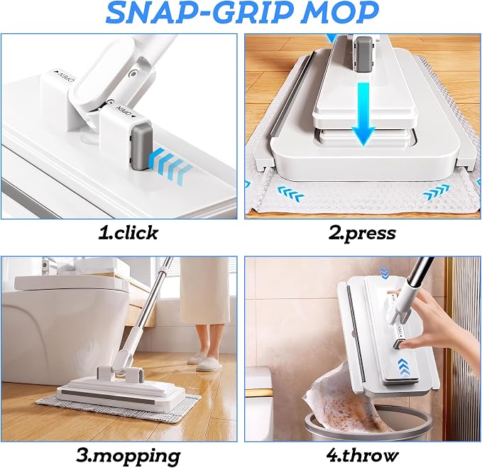 53.2 in Handle, 360° Swivel Floor Mop with 2 Reusable Cloths | Hands Free Flat Mop, Baseboard Cleaning Tool for Hardwood, Tile, Marble & Laminate Floors, Home, Kitchen Cleaning Essentials