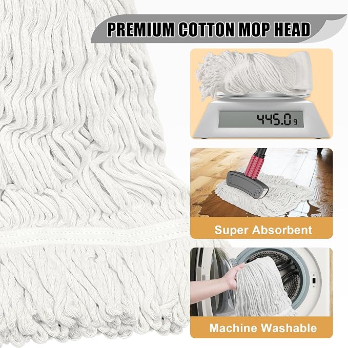 Commercial Mop Head Replacement - 2 Pack Heavy Duty Cotton Heads | Reusable,Machine Washable,5.9 Inch Headband,Looped End String Mop Refill for Home Kitchen Industrial & Floor Cleaning