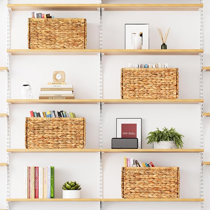 SpaceAid 4 Pack Wicker Basket, Storage Baskets for Organizing, Woven Rattan Basket with Handles for Shelves, Water Hyacinth Large Cube Organizer Storage Bin, 13x8.2x7 inch, Natural